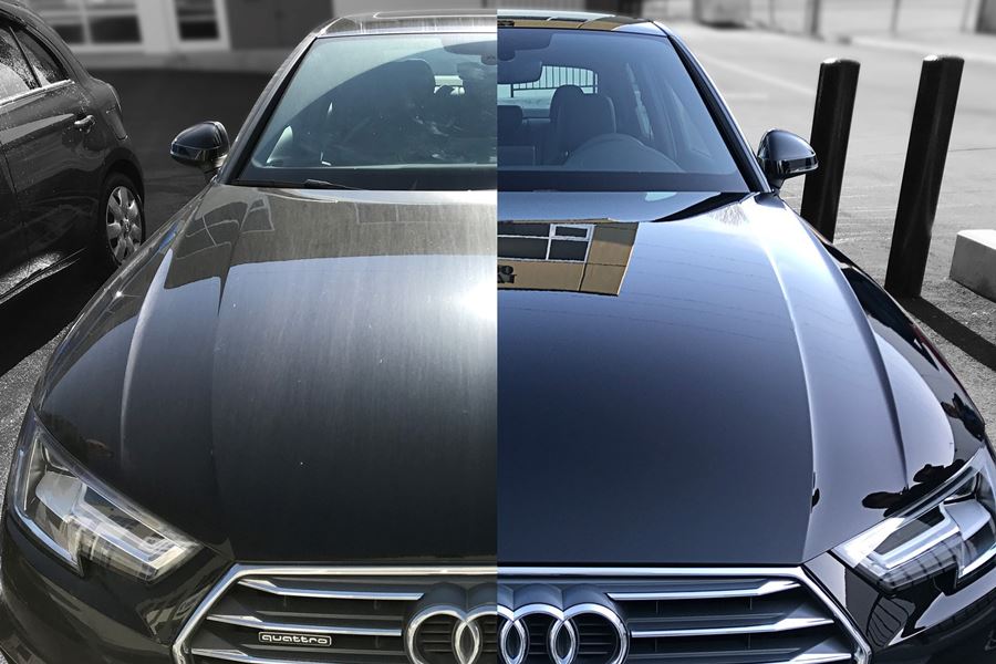Side-by-side comparison of a car exterior surface with and without ceramic coating, highlighting the enhanced shine, water repellency and protection on the coated side.