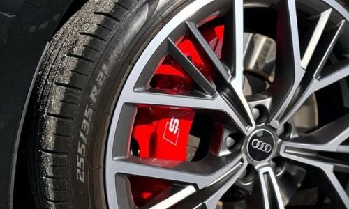 The freshly painted, branded, and coated caliper showing off as a sharp, durable feature behind a clean alloy wheel in Dublin 7.