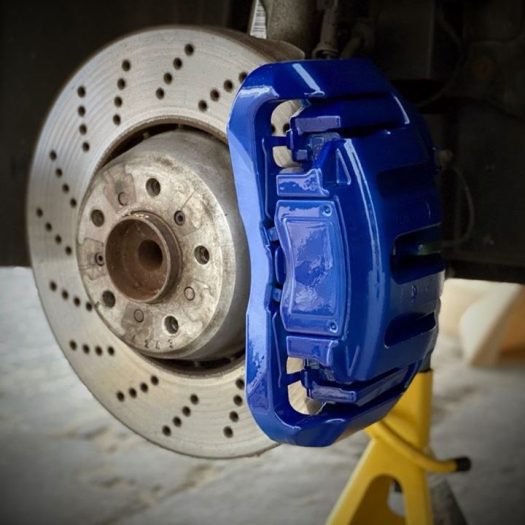 The finished custom-style brake caliper look after painting at Car Valet Hero Dunshaughlin (GK Valeting & Detiling) before the wheel goes on.