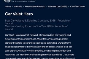 Car Valet Hero | Best Car Valeting & Detailing Company 2025 - Republic of Ireland | Ceramic Coating Experts of the Year 2025 - Republic of Ireland | Corporate Vision Automotive Awards 2025 Winner