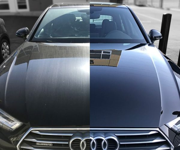 Side-by-side comparison of a car exterior surface with and without ceramic coating, highlighting the enhanced shine, water repellency and protection on the coated side.