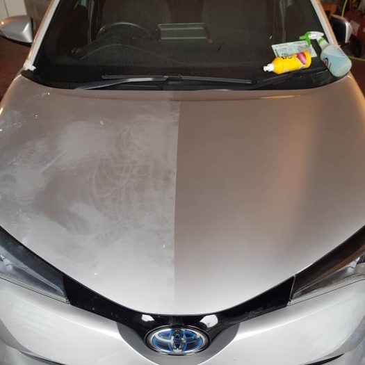 Comparison image of a car bonnet undergoing proper paint correction in Roscommon – half bonnet sanded, the other half after already removed deep dullness and scratches.