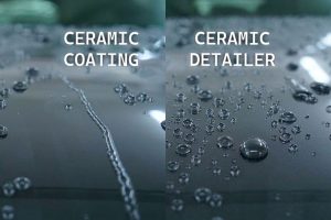 Comparison image showing the difference in water beading between ceramic coating and ceramic detailer