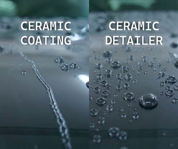 Comparison image showing the difference in water beading between ceramic coating and ceramic detailer