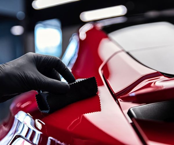 Professional car detailer applying a protective ceramic coating layer to the car exterior surface.
