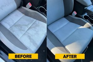 A comparison between a car seat before and after wash.