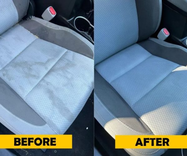 A comparison between a car seat before and after wash.