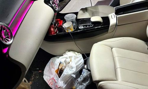 A filthy driver's footwell caked in thick, dried brown mud and grass debris, covering both the carpet floor mats and the rubber pedals. We clean all sizes of Europcar, Enterprise, Budget Car, Hertz, Avis, Car Hire, Go Car rental cars at Car Valet Hero Athlone, Quality Car Wash & Valet.